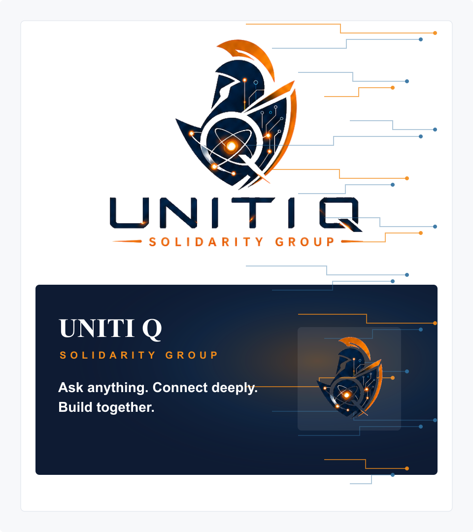 Uniti Q approved web hero visual — Spartan helmet symbol with lockup card
